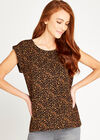 Black Animal Print Turn Up Sleeve Top, Black, large