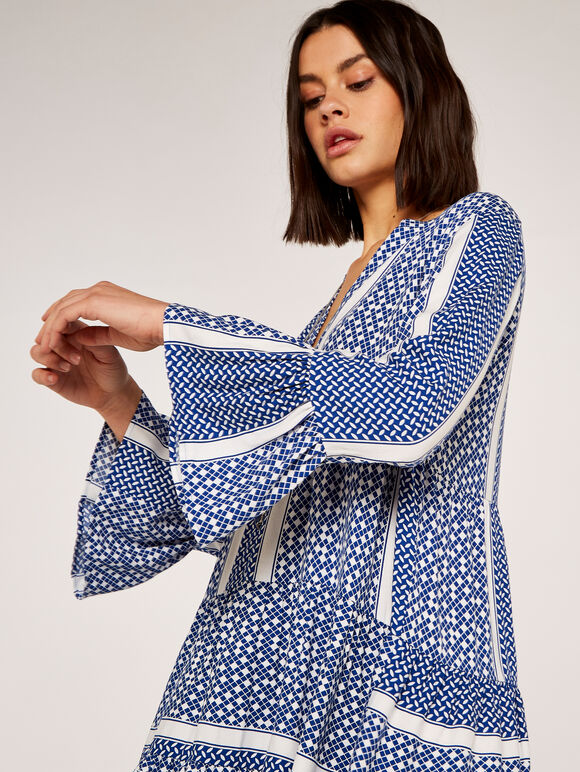 Geometric V-Neck Tiered Dress, Blue, large