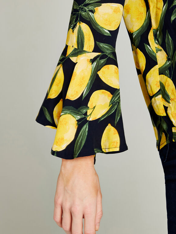 Navy Lemon Print Bardot Top, Navy, large
