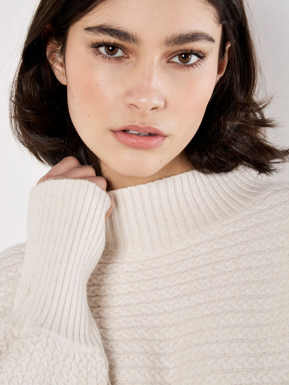Twisted Cable Knit Batwing Jumper, Stone, large