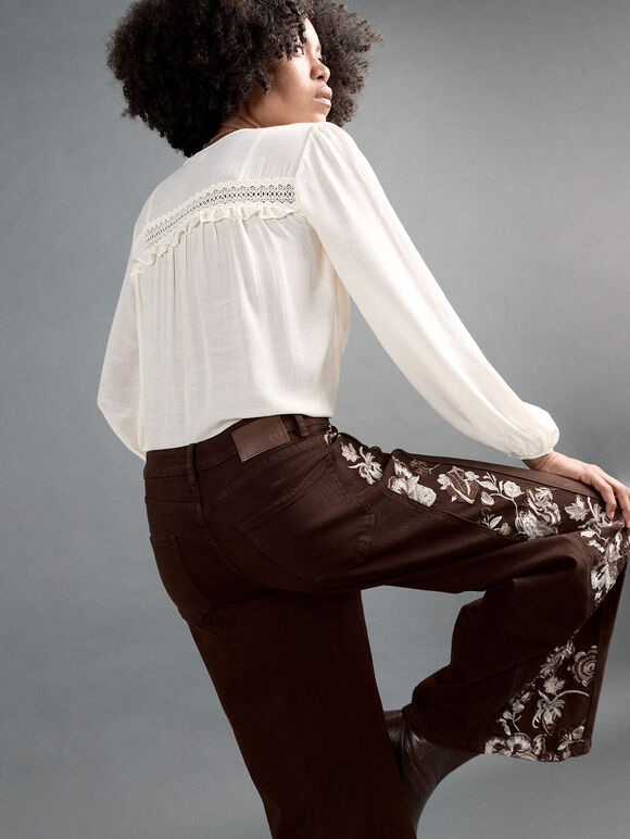 Floral Embroidered Wide-Leg Jeans, Brown, large