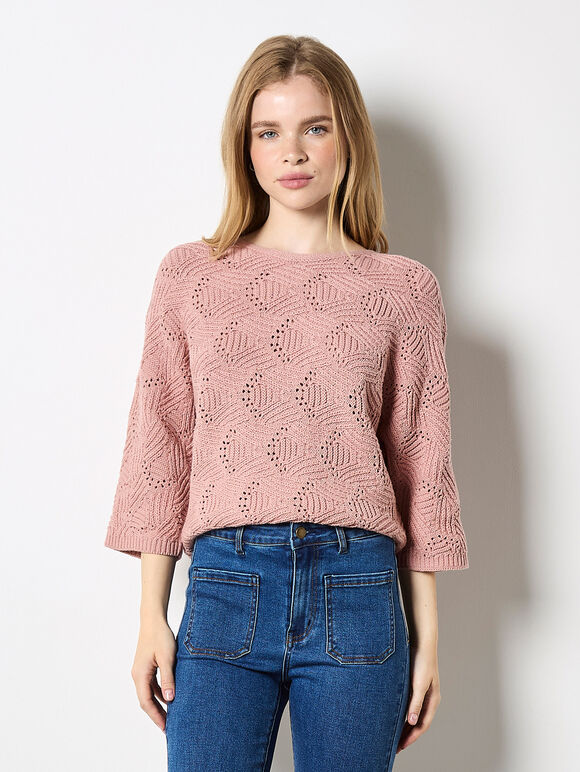 Textured Pointelle Batwing Jumper, Pink, large