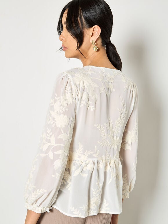 Embroidered Floral Chiffon Top, Cream, large
