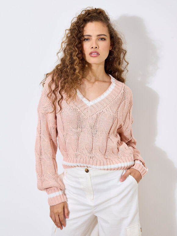 Cropped Cable Cricket Jumper, Pink, large