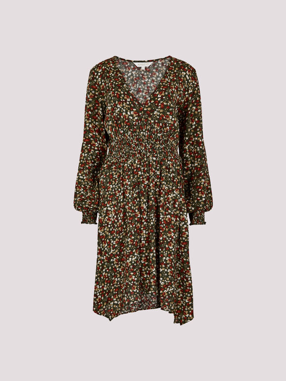 Ditsy Floral Smocked Mini Dress, Green, large