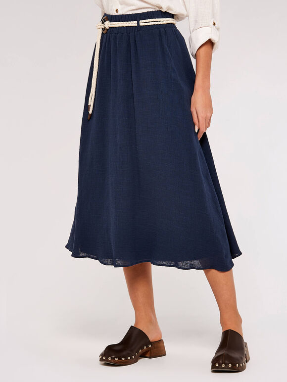 Rope Belt Cotton Midi Skirt, Navy, large