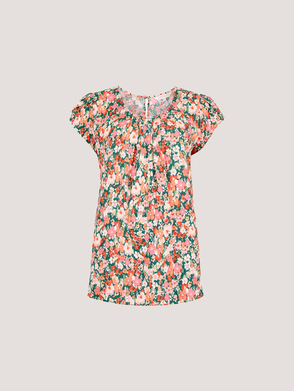 Ditsy Floral Tulip Sleeve Top, Green, large