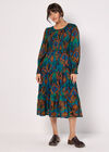Ikat Chiffon Smocked Midi Dress, Teal, large