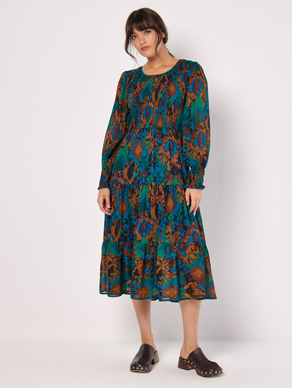 Ikat Chiffon Smocked Midi Dress, Teal, large