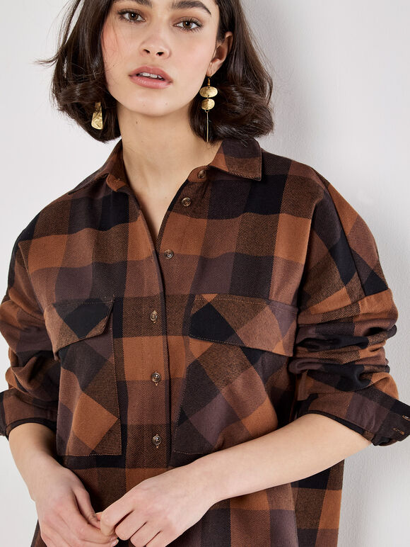 Oversized Check Shirt Mini Dress, Brown, large