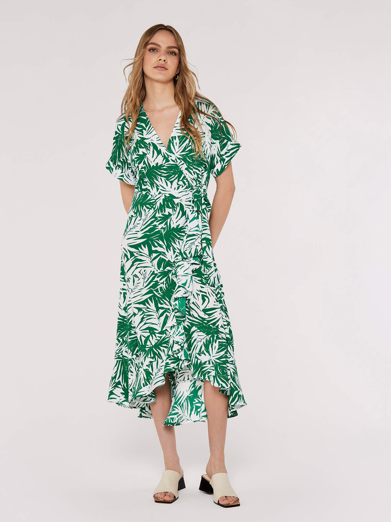 Leaf Print Wrap Dress Apricot Clothing