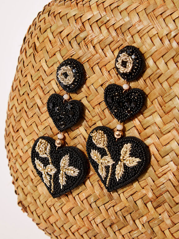 Heart Beaded Earrings, Black, large
