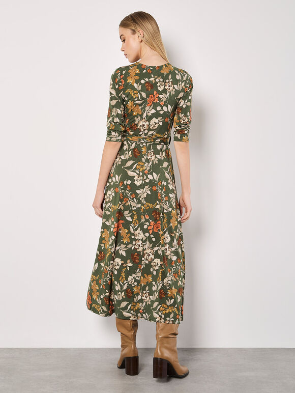 Floral Leaf Print Midaxi Dress, Khaki, large