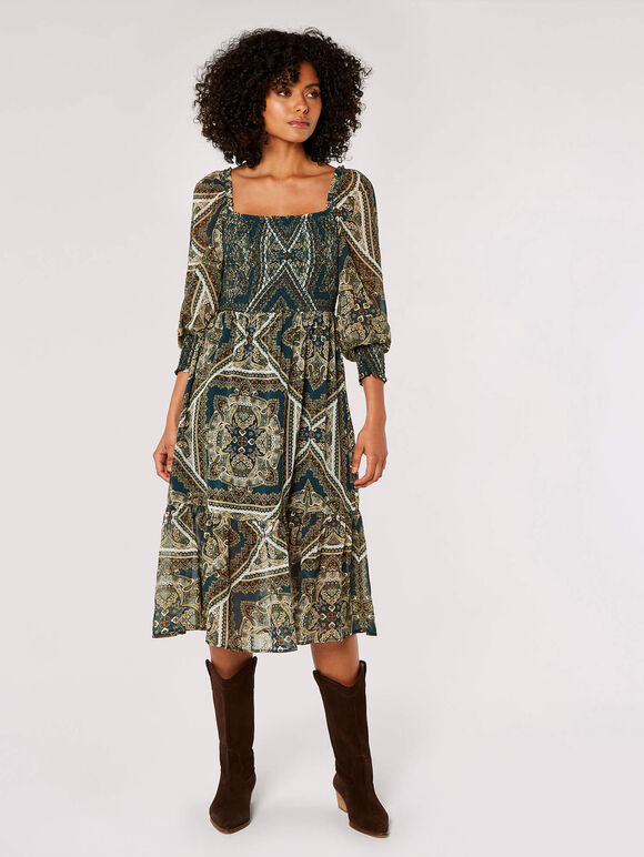 Scarf Print Milkmaid Midi Dress, Green, large