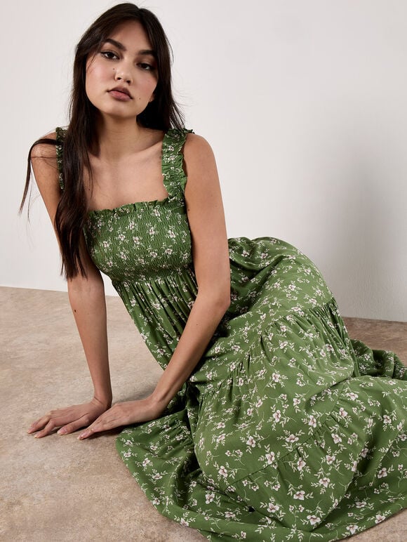 Orchid Print Smocked Midi Dress, Green, large