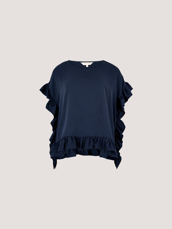 Ruffle Trim Woven Top, Navy, large