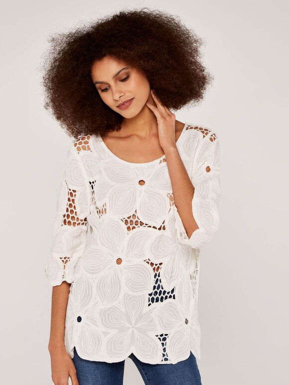 Flower Crochet Top, Cream, large