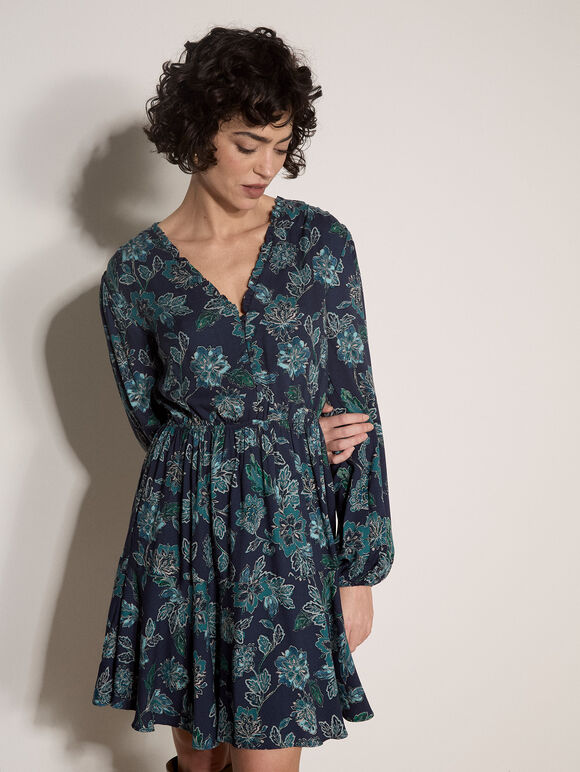 Folk Floral Mini Dress, Navy, large