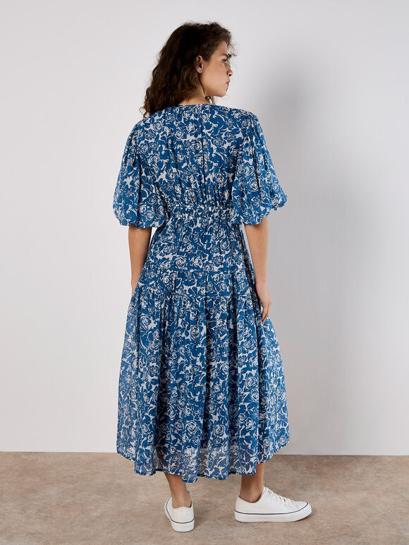 Rose Print Tiered Midi Dress, Blue, large