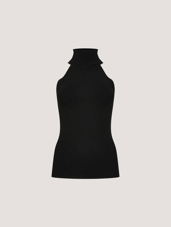 Roll Neck Knitted Tank Top, Black, large