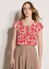 Leaf Print Tulip Sleeve Top, Red, large