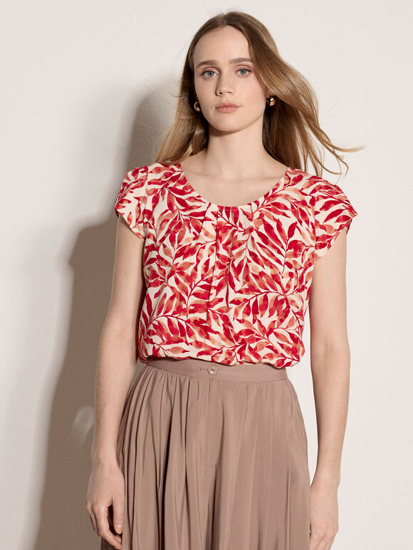Leaf Print Tulip Sleeve Top, Red, large