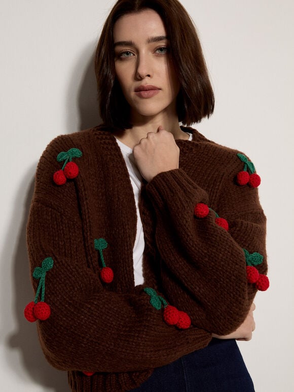 Chunky Knit Cherry Cardigan, Brown, large