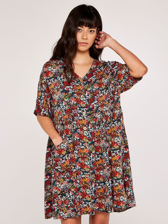 Ditsy Button Down Smock Dress, Green, large