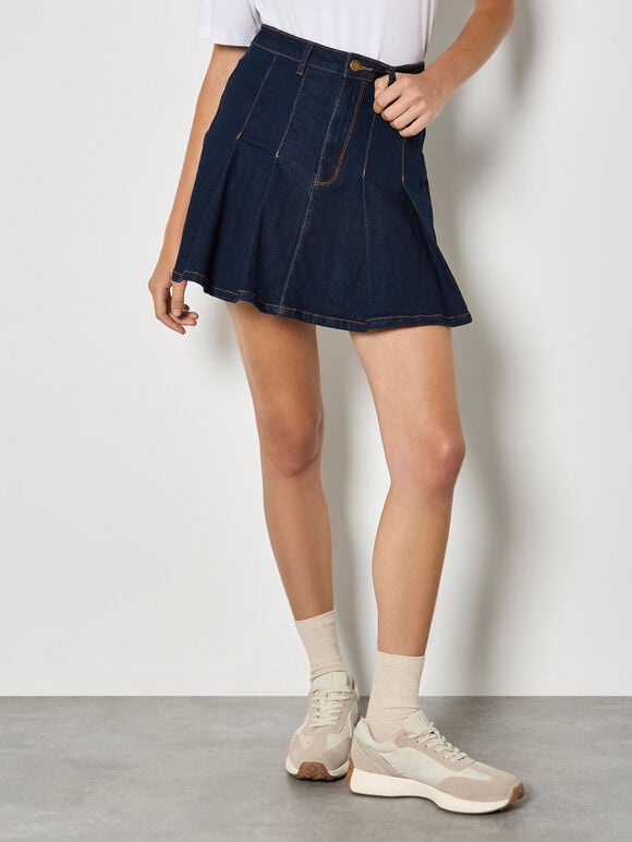 Pleated Denim Mini Skirt, Blue, large