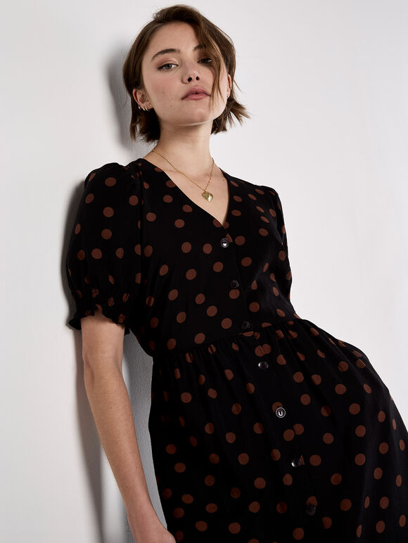 Polka Dot Button-Down Midi Dress, Black, large