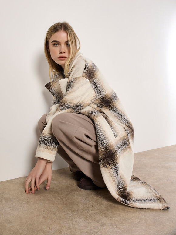 Soft Oversized Check Coat, Cream, large