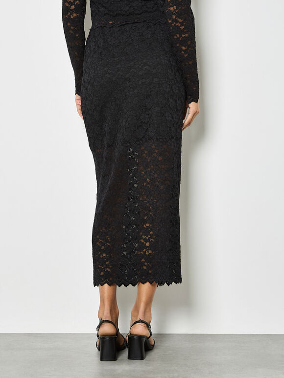 Floral Leaf Lace Midi Skirt, Black, large