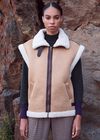 Borg-Lined Suede Aviator Gilet, Stone, large