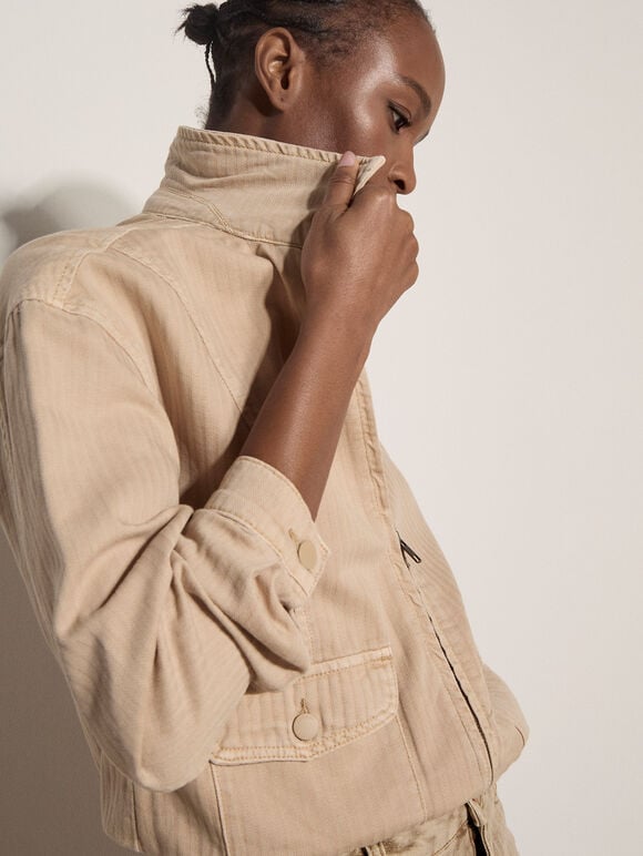 Herringbone Cotton Bomber Jacket , Stone, large