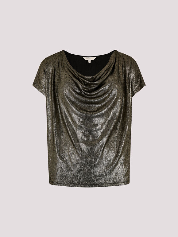 Metallic Foil Cowl Neck Top, Brown, large