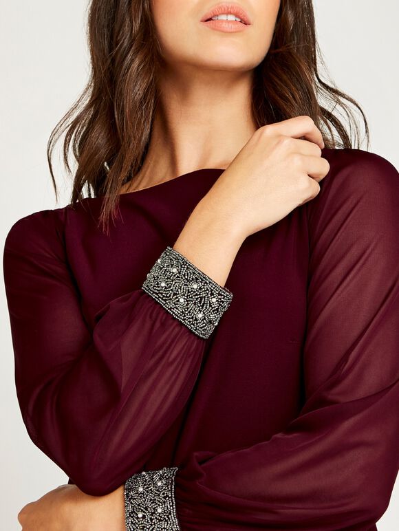 Sheer Sleeve Beaded Cuff Shift Dress, Burgundy, large