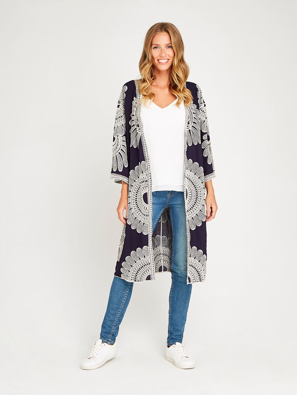 Navy  Embroidered Longline Kimono, Navy, large