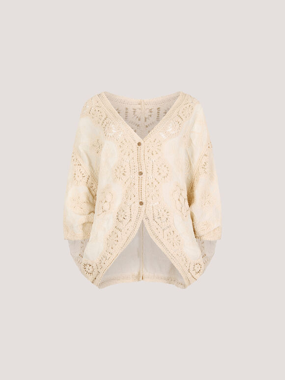 Oversized Crochet Embroidered Mesh Cardigan, Stone, large