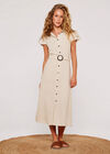 Linen Blend Belted Shirt Midi Dress, Stone, large