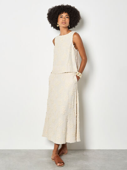 Embroidered Floral Linen Blend Midaxi Skirt