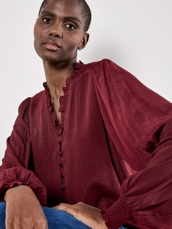 Ruffle Collar Blouse, Burgundy, large