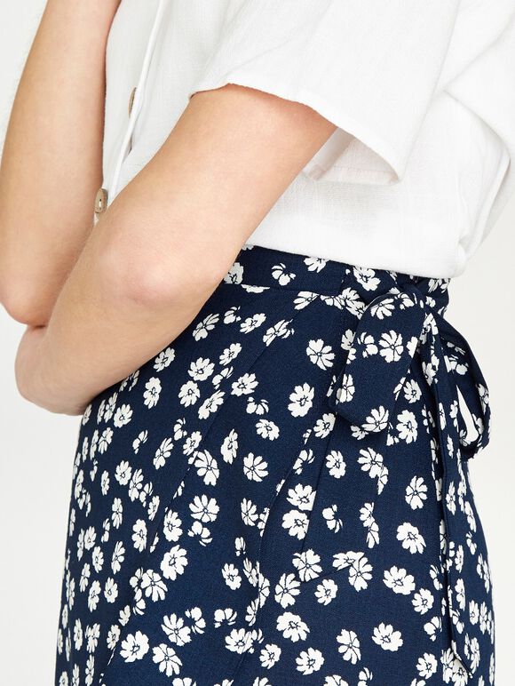 Floral Dot Tie Waist Wrap Skirt, Navy, large