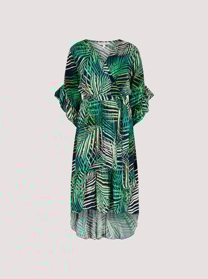Tropical Leaf Ruffle Midi Dress