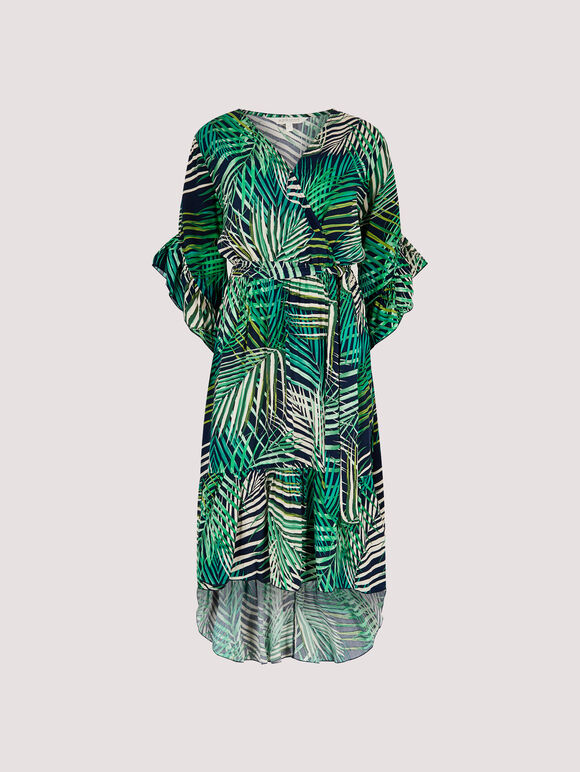 Tropical Leaf Ruffle Dress, Navy, large