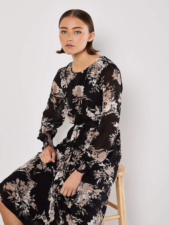 Silhouette Floral Chiffon Midaxi Dress, Black, large