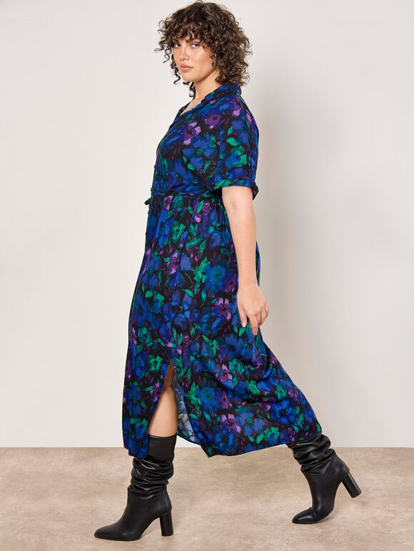 Curve Floral Shirt Midaxi Dress, Blue, large