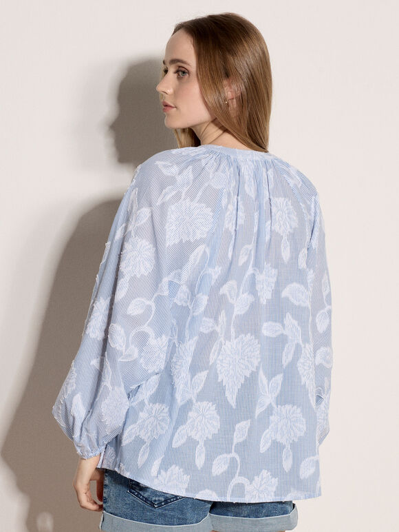 Embroidered Floral Stripe Blouse, Blue, large