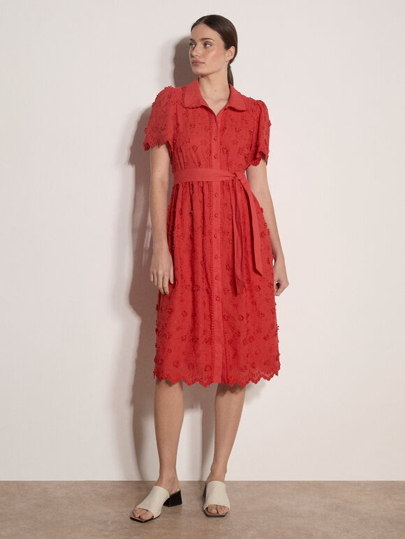 Cotton Floral Embroidered Midi Dress, Red, large