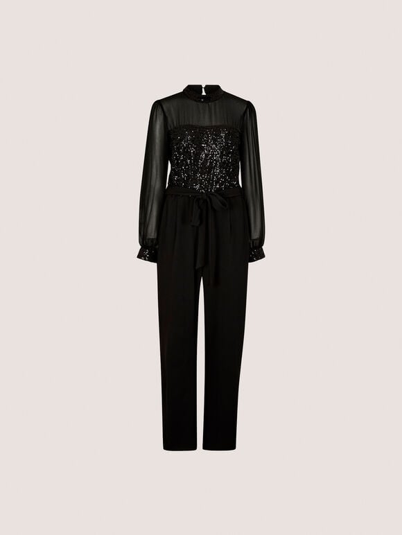 Sequin Bodice Jumpsuit, Black, large