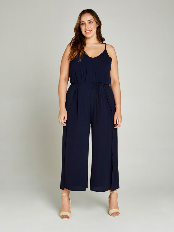 Navy Tie Waist Jumpsuit +, Navy, large